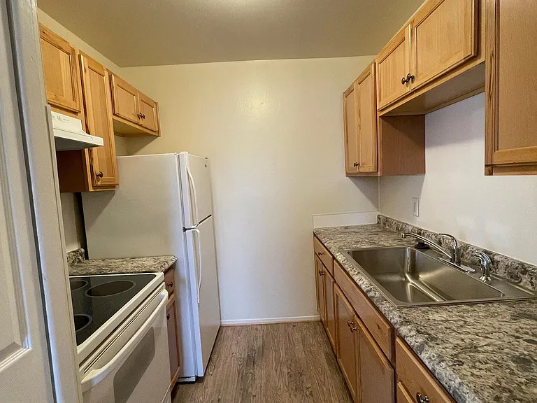 BRAND NEW galley style Kitchen with lots of cabinets and storage! 
All NEW cabinets, sink, countertops, backsplash, rangehood, pantry door and shelving, and beautiful new flooring!