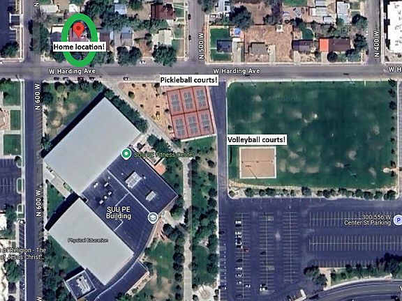 Overview of how close this home is to the P.E. building, and campus. Right across the street from a gym, track, basketball/pickleball/volleyball courts, large pool, etc.