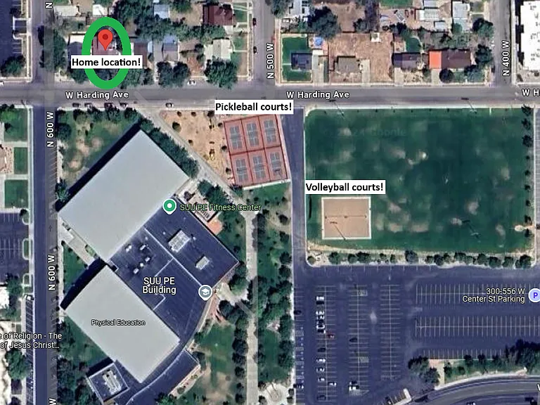 Overview of how close this home is to the P.E. building, and campus. Right across the street from a gym, track, basketball/pickleball/volleyball courts, large pool, etc.