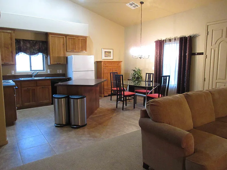 Unfurnished Open Floor Plan with Vaulted Ceilings, two windows with custom drapes, Ceiling Fans, New living room wood grain plank flooring. Walls are a neutral cream/light gold color.