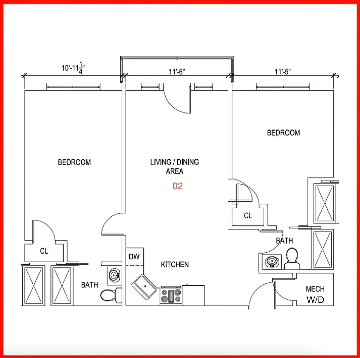 Floor plan Two Bedroom Two Bathroom with Balcony 02