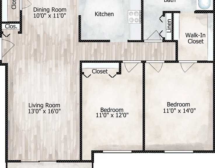2 Bed 1 Bath Floorplan Diagram