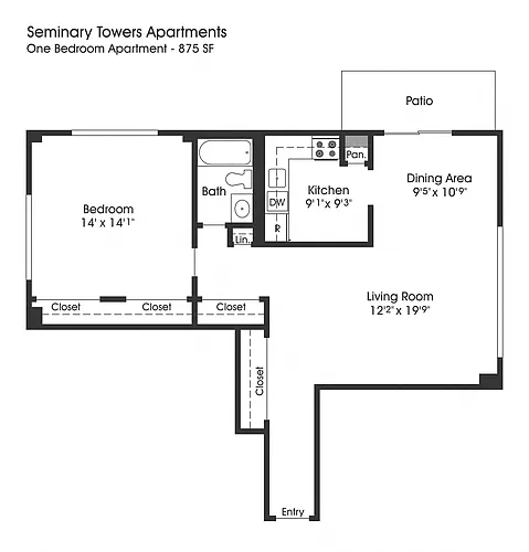 Floor plan 1BR 1BA (855sf)