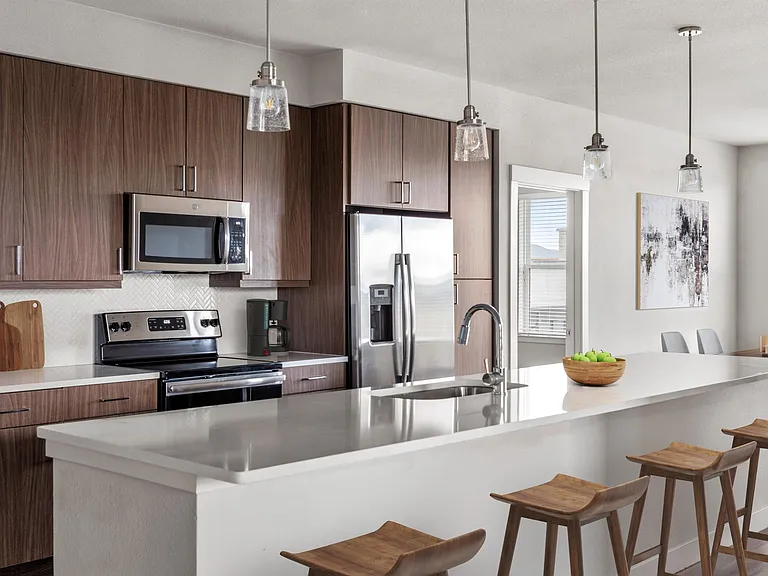 Gourmet Kitchen with Stainless Steel Appliances and Pendant Lighting