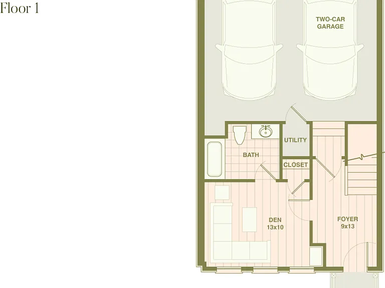 Sleek floor plan featuring a two-car garage, den, bath, and foyer on the first floor. Sleek floor plan featuring a two-car garage, den, bath, and foyer on the first floor.