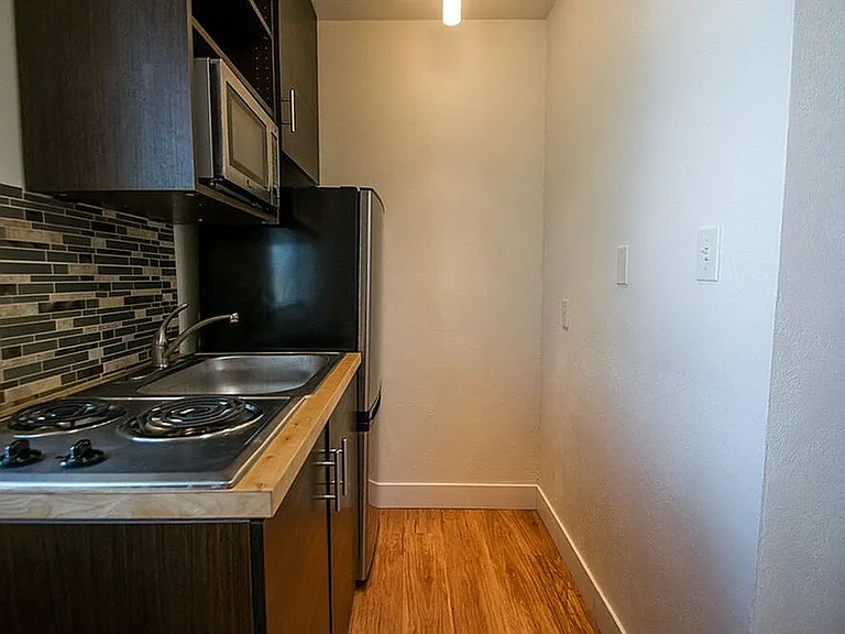 Compact modern kitchen with sleek dark cabinetry, stainless steel appliances, and stylish tile backsplash.