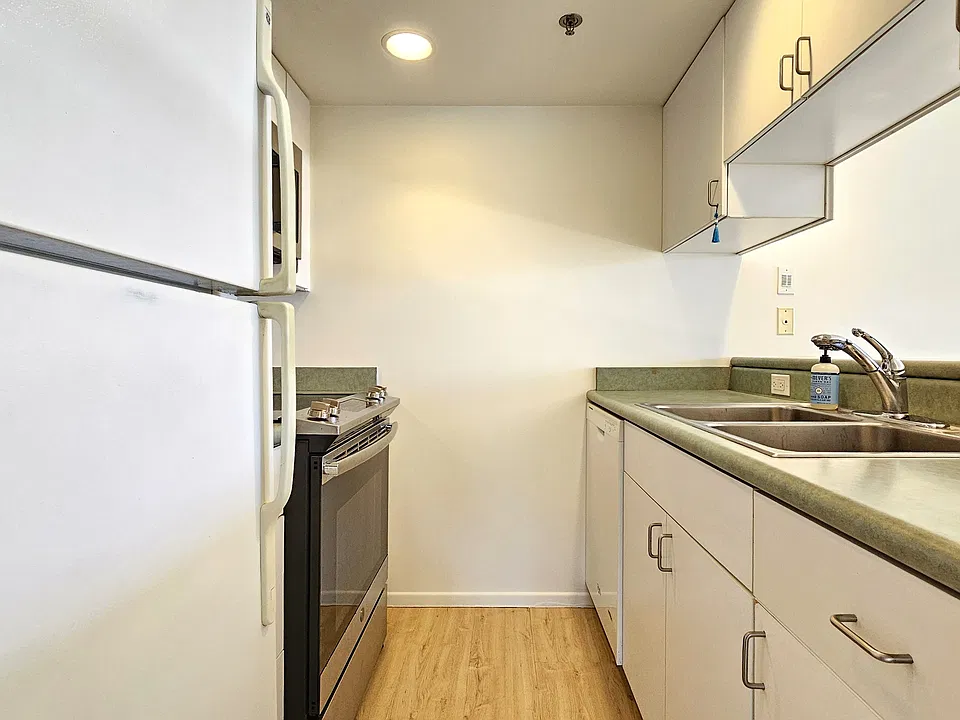 Kitchen near entrance to the left. Dishwasher, Range, Fridge, Microwave