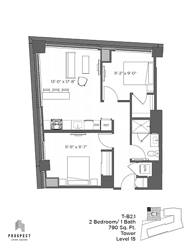 Floor plan 2 Bed/1 Bath-T-B2.1