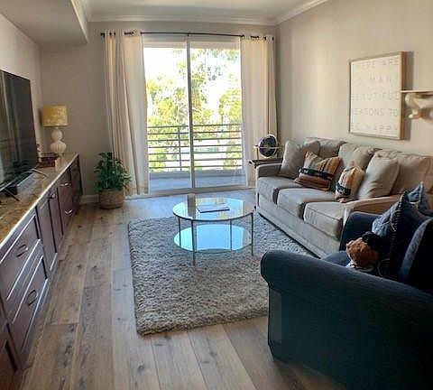 Custom storage built-in on the left. Living room leading to balcony.