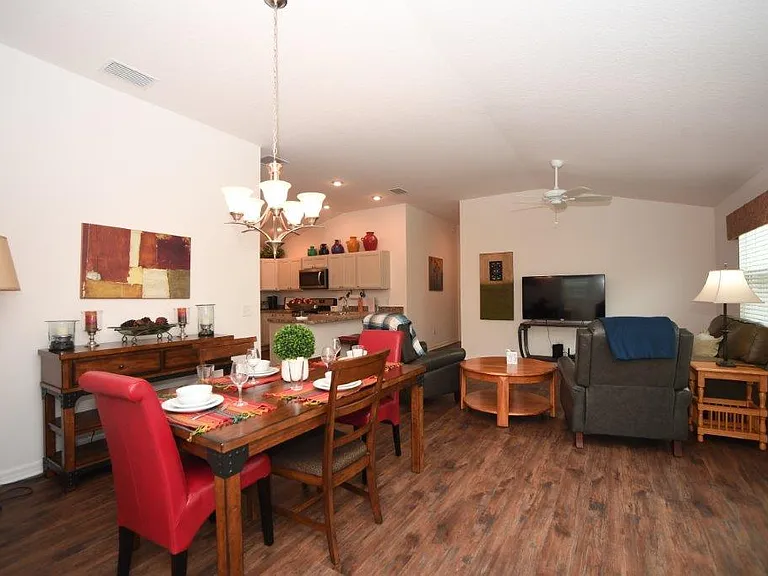 Dining room table with seat six people. Makes it nice when friends & family want to have game night.