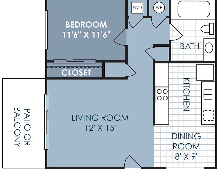 1 Bedroom 1 Bathroom C-D Floorplan Diagram