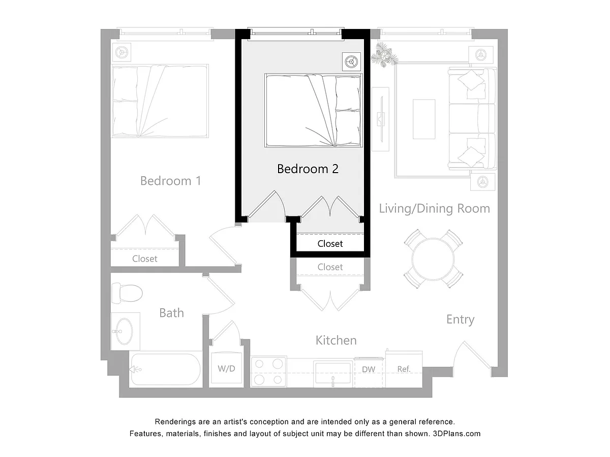 Floor plan Furnished Room in a 2 Bedroom 1 Bathroom (2A2)