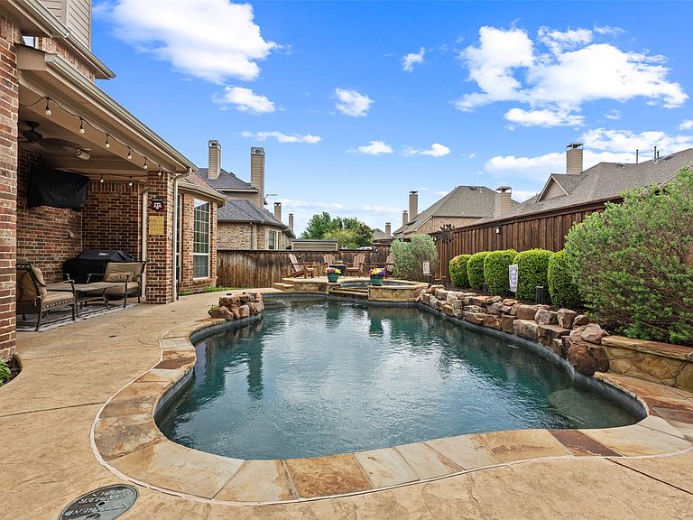 Backyard pool and spa oasis surrounded by professional landscaping