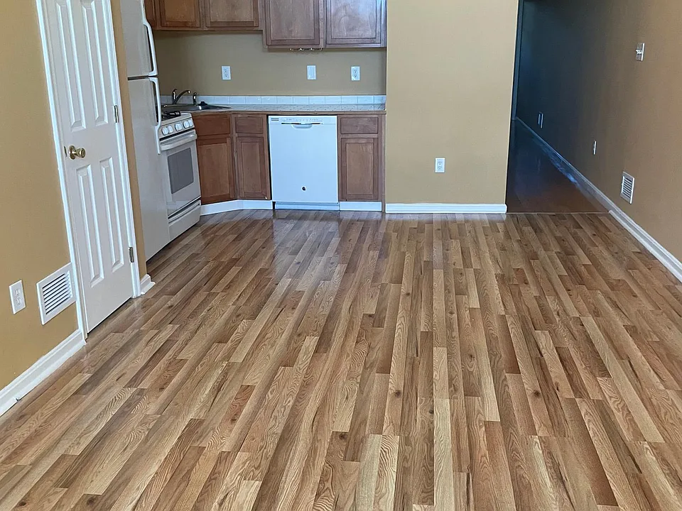 Living room and kitchen area, closet door