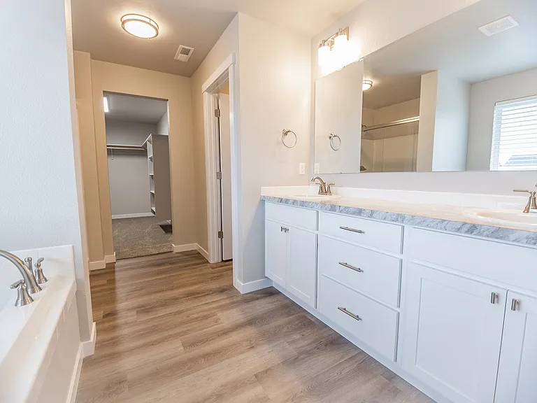 Soaker tub, stall shower and double vanity in the master suite.