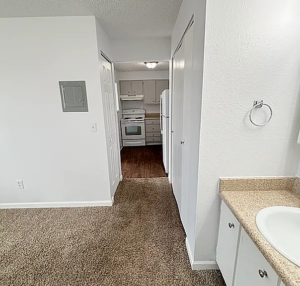 Bright hallway leading to a cozy kitchen with modern appliances and textured carpeting, offering a welcoming home environment.