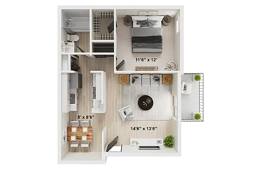 Floor plan 1 BR x 1 BA - B - Renovated