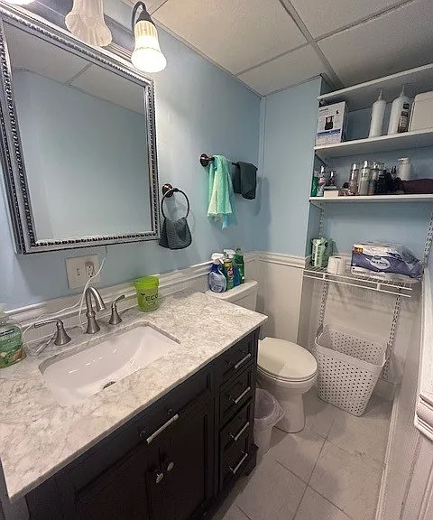 Bathroom vanity, toilet, and built-in shelves