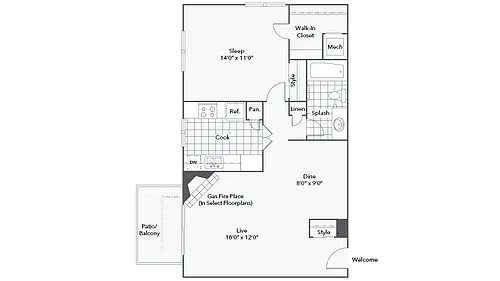 Floor plan 1 Bed 1 Bath B
