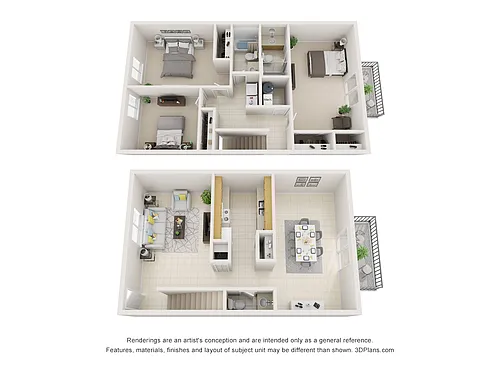 Floor plan 3 Bedroom 2.5 Bath Apartment with 1700 Square Feet
