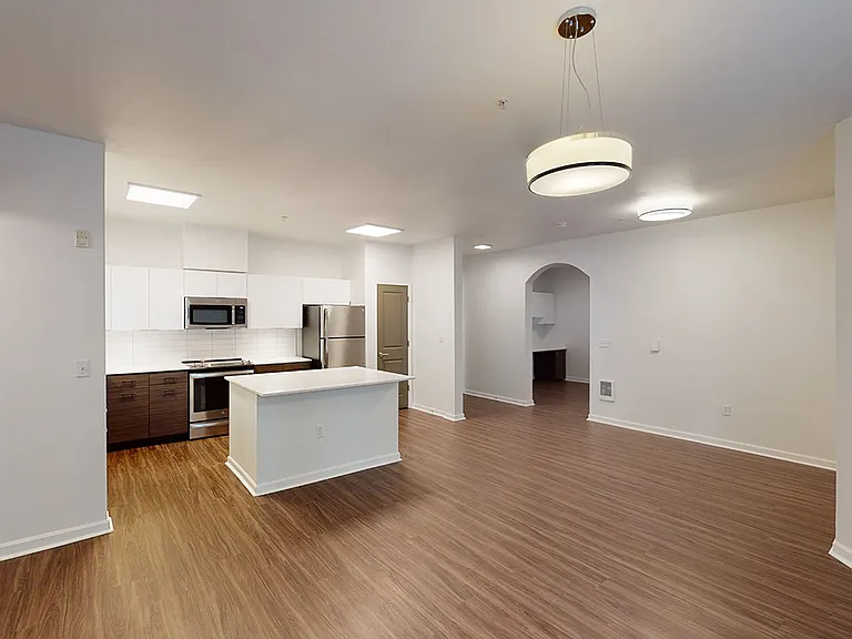 Apartment kitchen with stainless steel appliances, dining and living room with wood-style flooring.