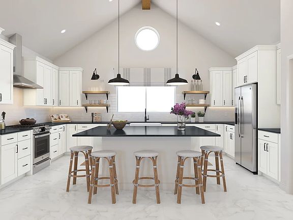 Kitchen with vaulted ceiling, vast island pendant lights