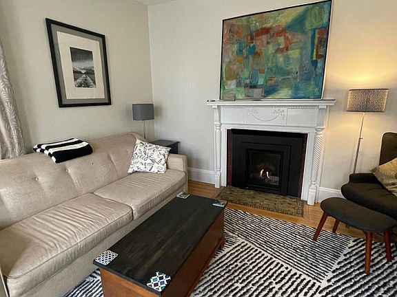 Living room, showing sofa and gas fireplace