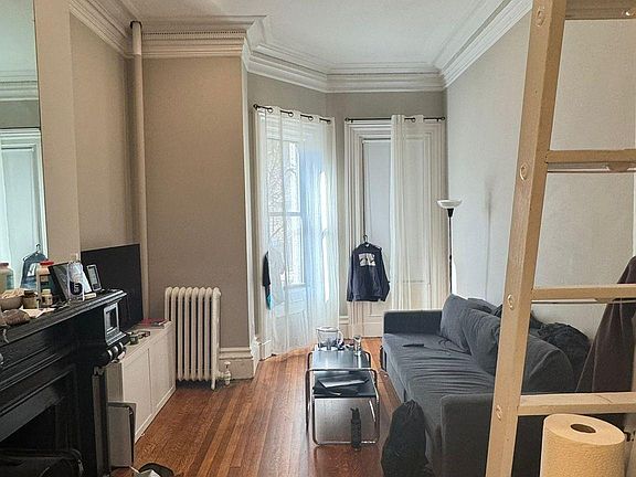 Living space with the bay window, sofa-bed, black fireplace, and TV. The wooden bed-platform is on the top and the ladder is also shown.