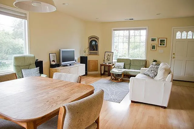 Open living space with hardwood floors