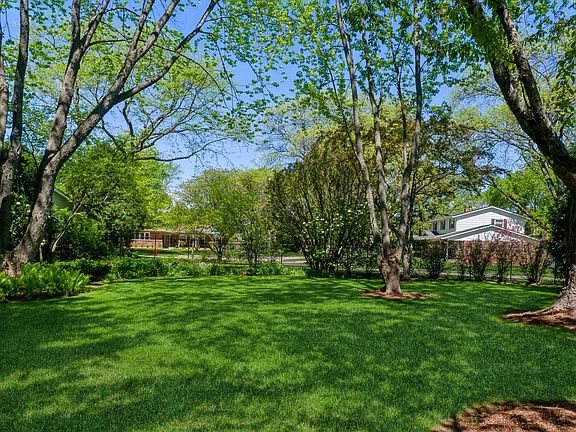 Backyard with wrought iron fence and many mature t