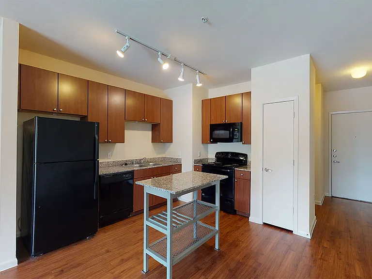 Apartment kitchen with granite countertops and wood-style flooring.