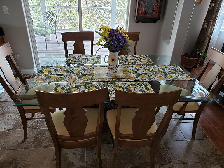 Dining area with mountain views and deck for BBQ right outside the kitchen/dining area.