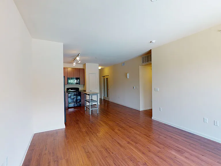 Apartment kitchen, dining and living room with wood-style flooring.