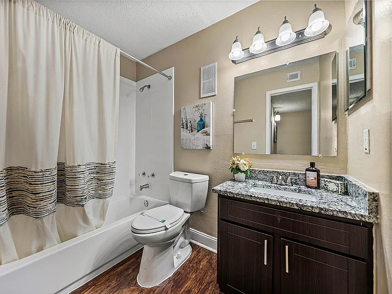 Modern apartment bathroom with granite countertop vanity