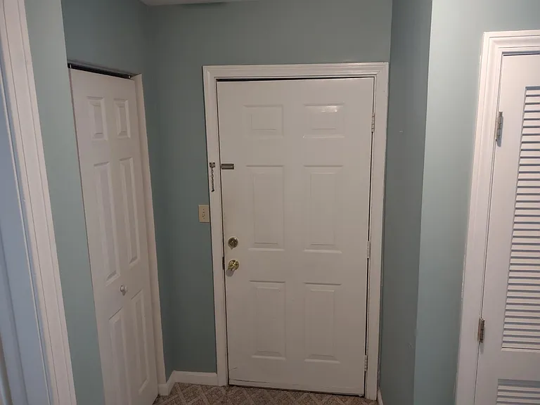 Door to hallway with coat closet.