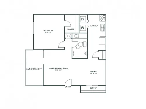 Floor plan One Bedroom One Bath (847 SF)