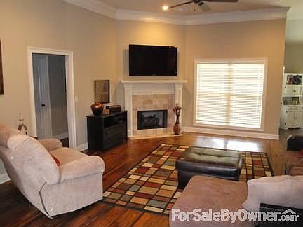 Large Living Room with 9 ft ceilings : Gas fireplace, wood floors, attached to dinning room, partial