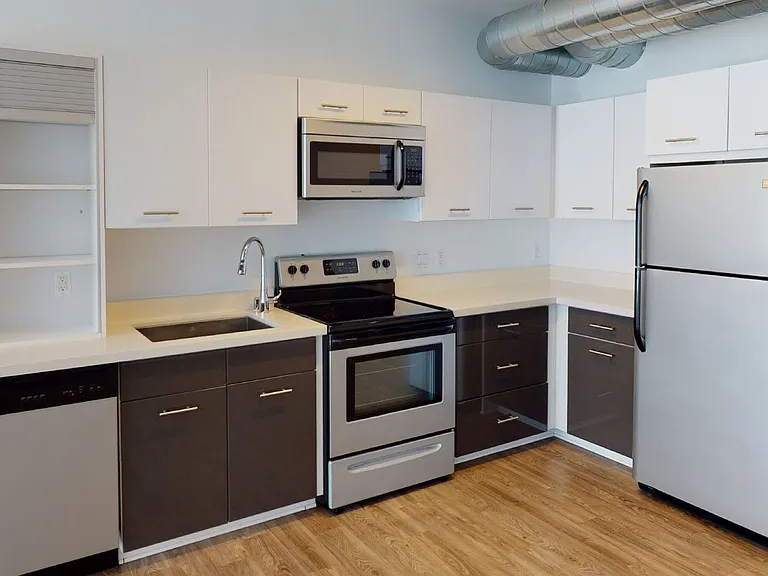 Apartment kitchen with stainless steel appliances, quartz countertops and wood-style flooring.