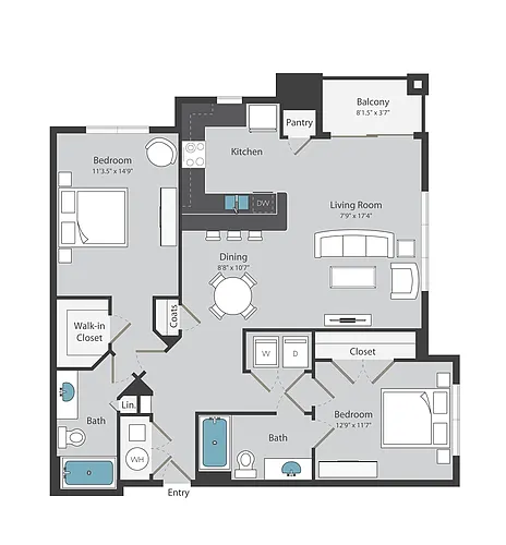 Floor plan 2 Bed/ 2 Bath (1086 sqft)