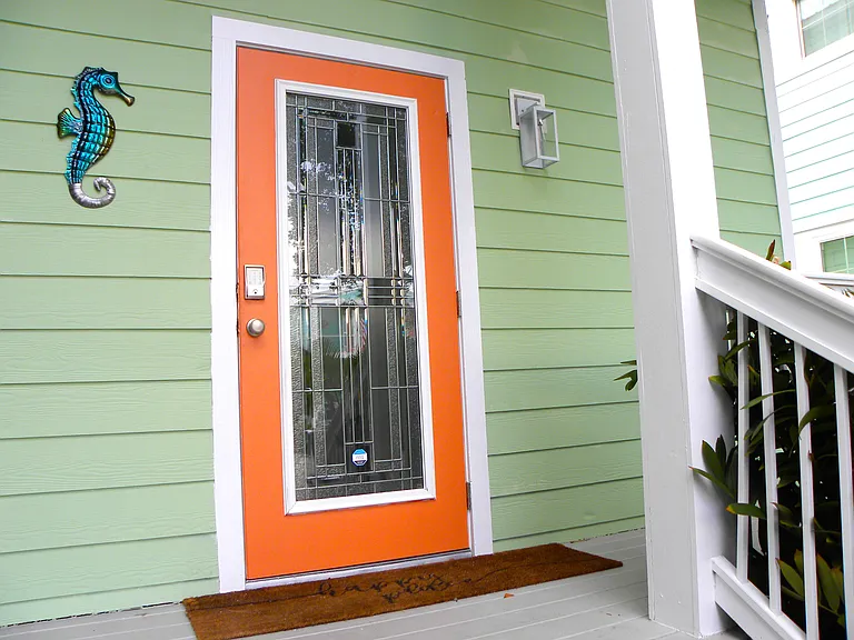 Coral Colored Front Door & Electronic Keypad Lock
