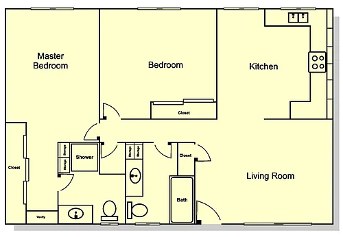 Floor plan 2 Bedroom, 2 Bath - Downstairs