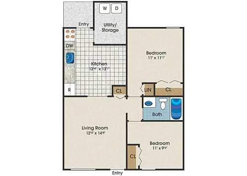 Floor plan 2 Bedroom 1 Bath Apartment