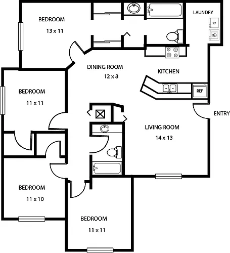 Floor plan Four Bedroom Two Bathroom 50%