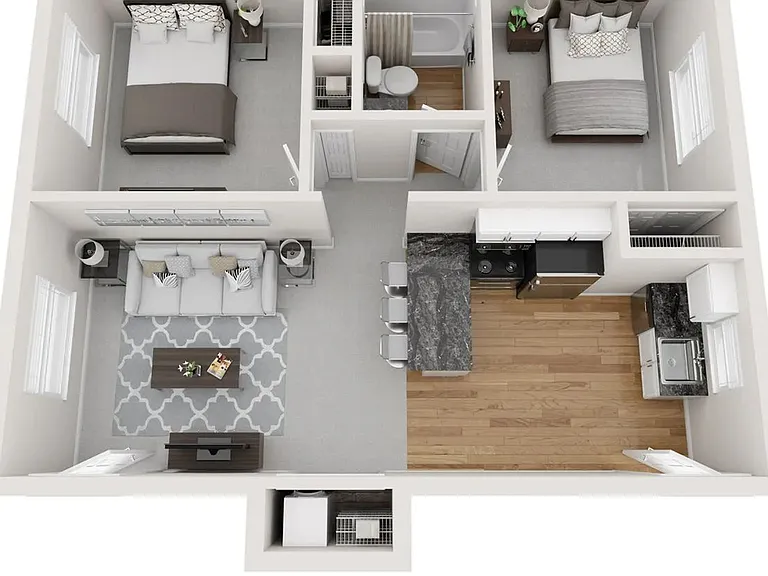 A 3D floor plan rendering of The Adler.