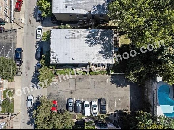 Arial view of the condo building and parking lot.