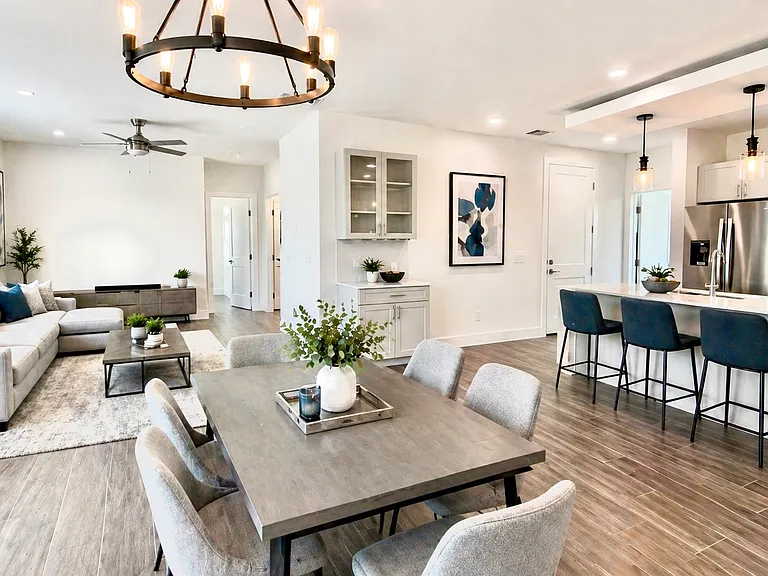 Virtually staged with different furniture colors to showcase a variety of design options.