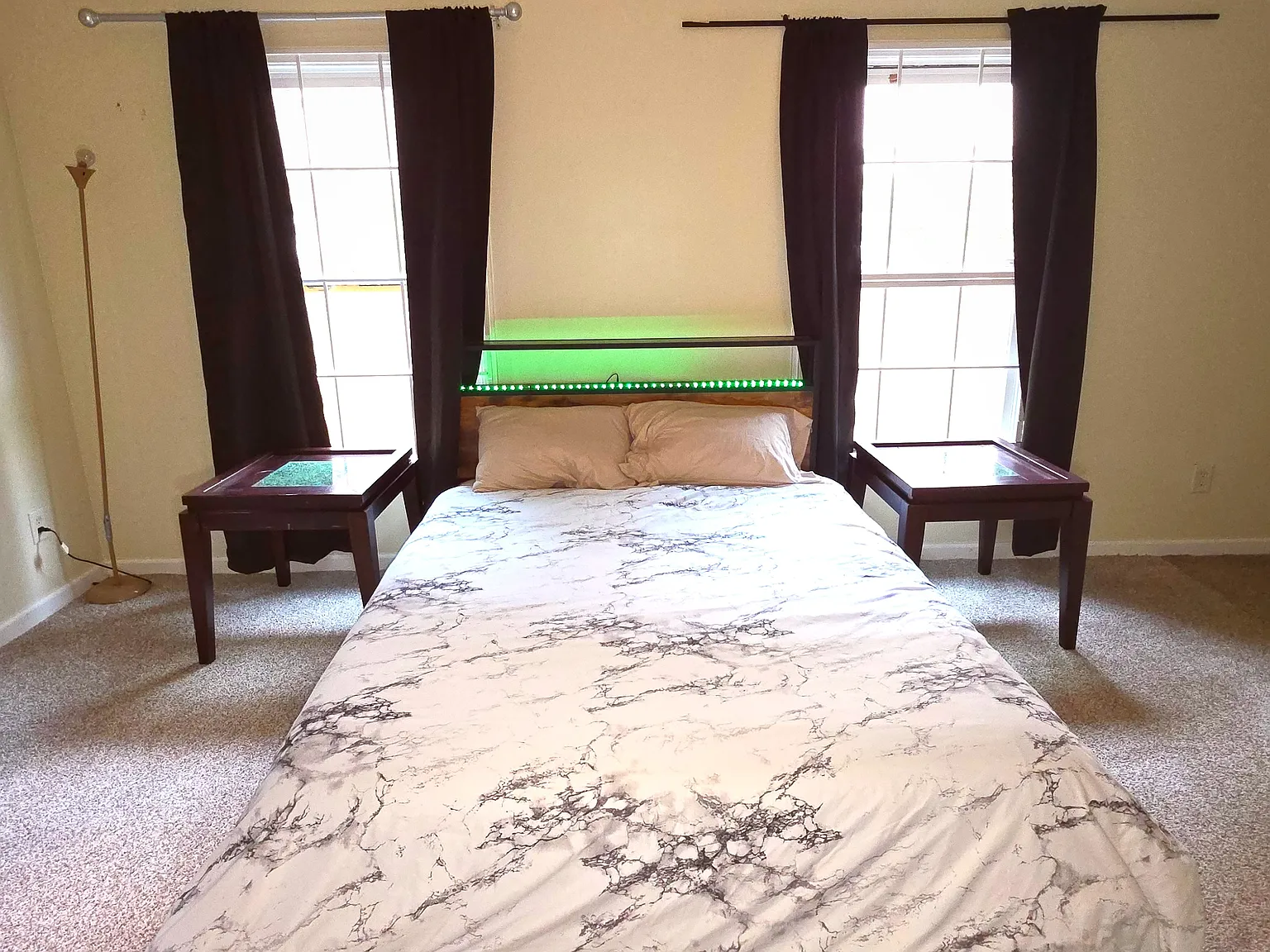 Fully furnished bed room with bed, mattress, walk in closet, extra cupboard, arm chairs, lamp, curtains, computer table/chair and ensuite full bath
