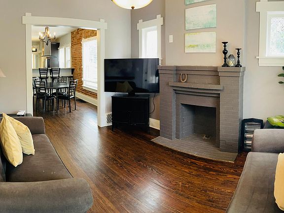 Fire place and original stained glass windows