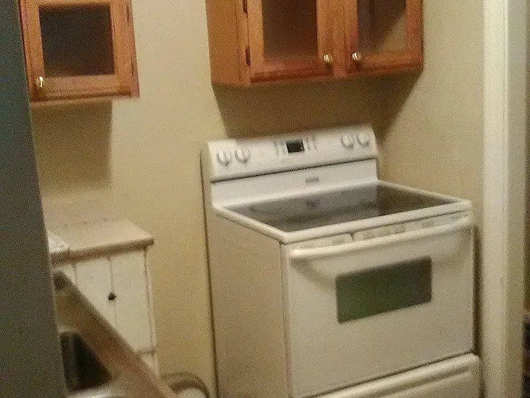 Kitchen with stove and refrigerator.