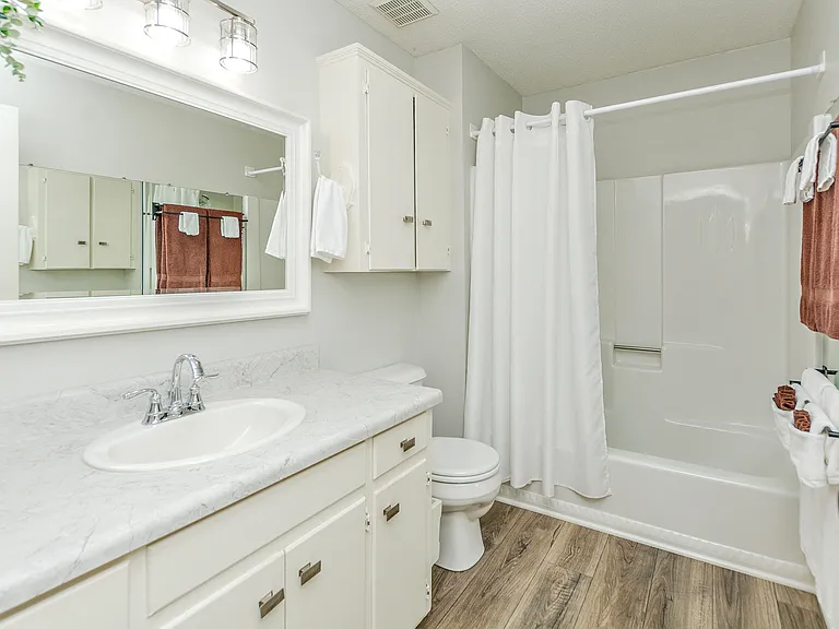 Hallway full bath beside the bunk bedroom and near queen bedroom. Tub shower combination.